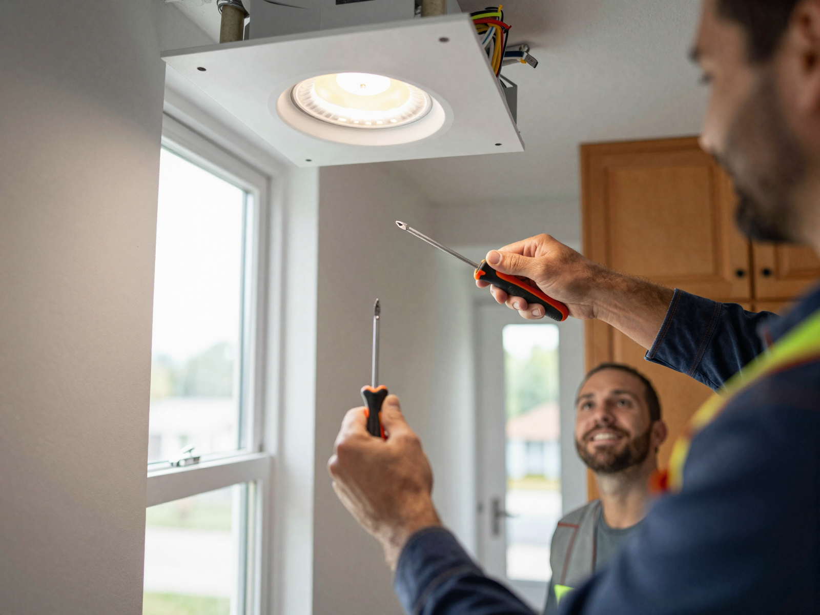 Attic insulation installation showing new fiberglass insulation in residential attic