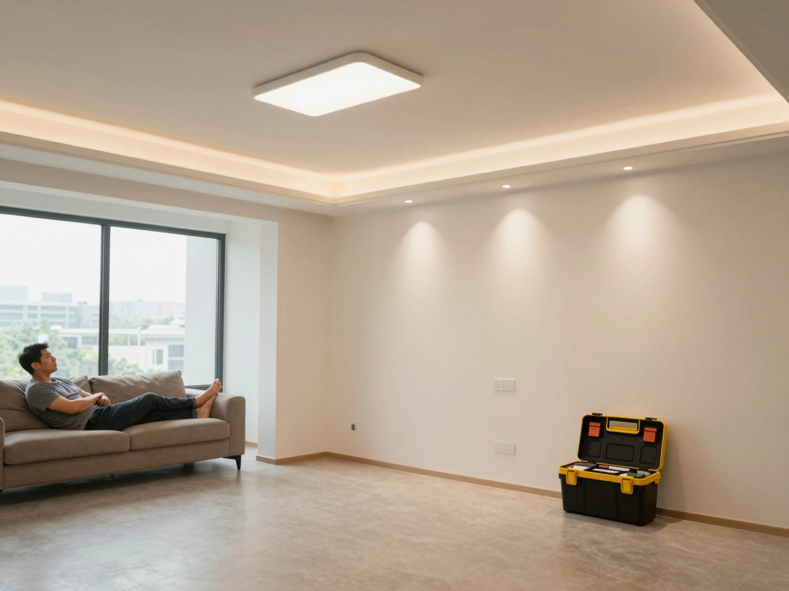 Finished living room with new energy-efficient lighting and professional work completed by CSES team